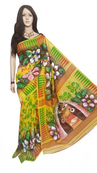 Multi colored hand painted full body work jamdani silk saree